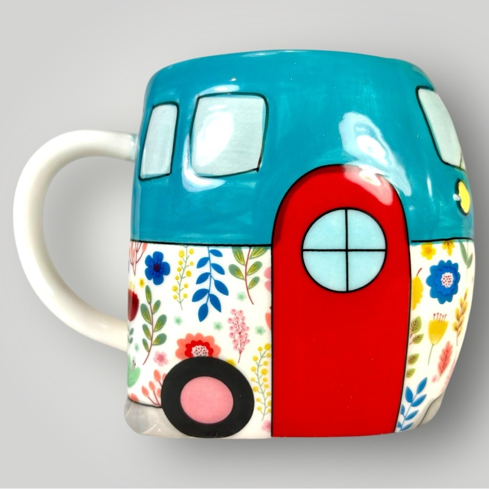 *Home is Where You Park It* Retro Camper RV VW Coffee Mug Cup Blue Floral 20oz